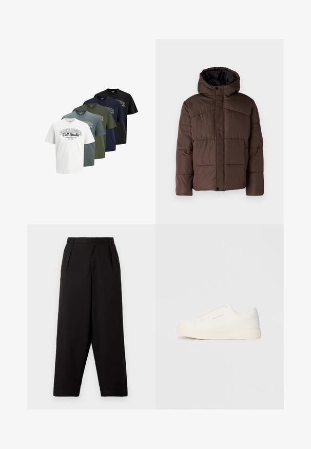 Pruun pehme vooder, millel on kapuuts, koos tikandsurvel tekstuuriga, eesnepp sulgemine ja küljetaskud. Vooder musta kangaga.; Viis volditud lühikeste varrukatega ümmarguse kaelusega t-särki valges, sinises, rohelises, tumesinis ja mustas värvuses, mille esiküljel on trükitud tekst "JACK & JONES Coll. Studio".; Mustad laiad mustad püksid, mis on valmistatud siledast kangast. Omavad vöökohtadel voldikesi ja on mugava lõikenäitajaga, ulatudes üle pahkluude. Nähtavat riistvara ei ole.; Valged libisemiskindlad tossud tekstuuriga pinnaga, paksu tallaga ja minimalistikus disainis. Küljel on brändi logo.