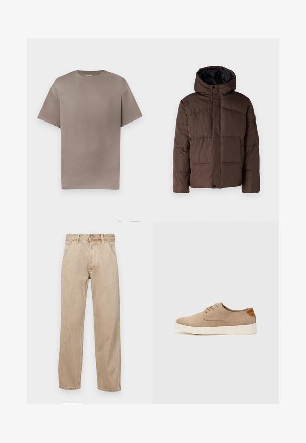 Bruine gewatteerde jas met capuchon, met een doorstikte structuur, voorzijde met drukknoopsluiting en zijzakken. Voering van zwarte stof.; T-shirt met korte mouwen en ronde hals in een gedempte taupekleur, gemaakt van katoen, met een ontspannen pasvorm en een gladde, zachte textuur.; Beige denim jeans met een recht gesneden ontwerp, voorzien van voorzakken, een metalen knoopsluiting en een subtiele textuur.; Beige suède sneakers met een ronde neus, vetersluiting aan de voorkant en een getextureerde achteraccent. De witte rubberen zool zorgt voor contrast. Eenvoudig en modern ontwerp.