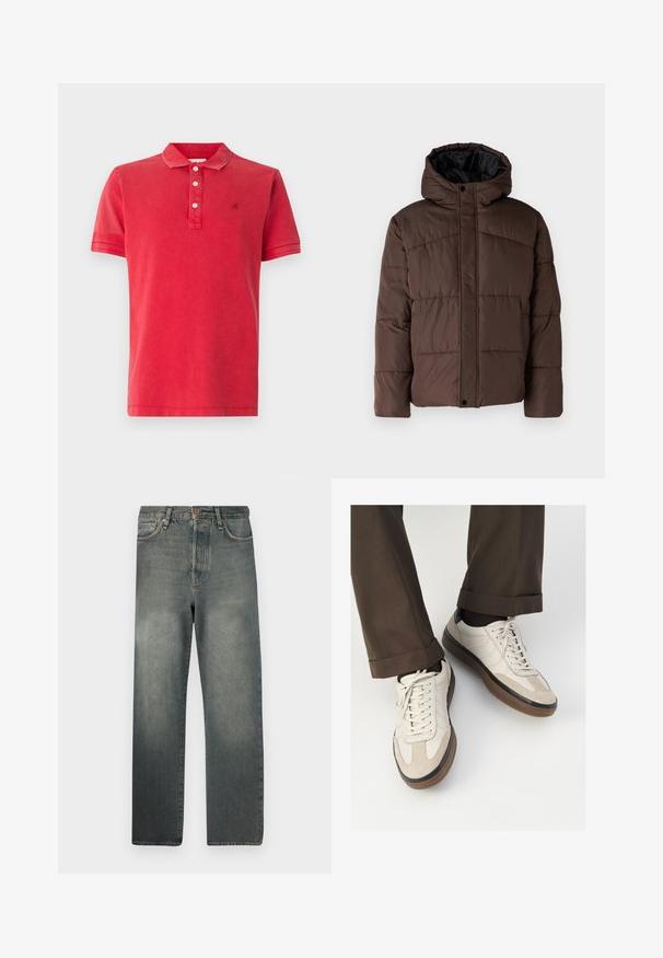 Pruun pehme vooder, millel on kapuuts, koos tikandsurvel tekstuuriga, eesnepp sulgemine ja küljetaskud. Vooder musta kangaga.; Punane polo särk pehmest puuvillakangast, klassikalise kraega, nelja nupuga avaga ja diskreetse logo aktsendiga rinnal. Lühikesed varrukad.; Jack & Jones JJIALEX JJCOOPER - Baggy fit teksad - black denim; Bežid spordijalised, millel on tekstuuriga suede esiosa, siledast nahast küljed ja pruun kummitald. Lisatud on paelad ja heledad õmbluse detailid.