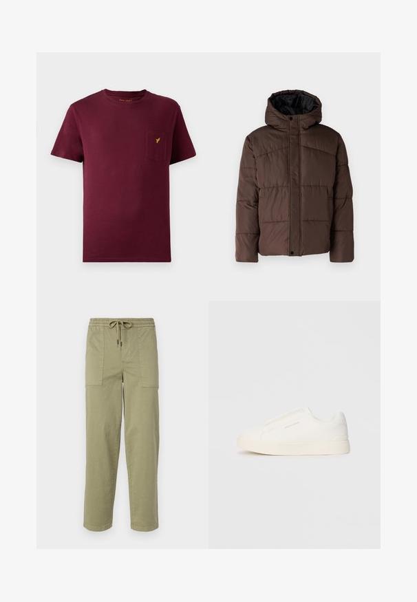 Rjava podložena jakna s kapuco, z nagubanimi teksturami, sprednjim zapiranjem na zaponko in stranskimi žepi. Oblazinjena z črno tkanino.; Burgundska bombažna majica s kratkimi rokavi, okroglo izrezana, z sprednjim žepom in majhnim rumenim logotipom izvezenim na žepu.; Hlače svetlo olivno zelene barve, izdelane iz bombažne mešanice, z elastičnim pasom in vrvico ter dvema velikima stranskima žepoma.; Bele zapete brez vezalk z teksturirano površino, debelim podplatom in minimalističnim dizajnom. Na strani se nahaja logotip blagovne znamke.