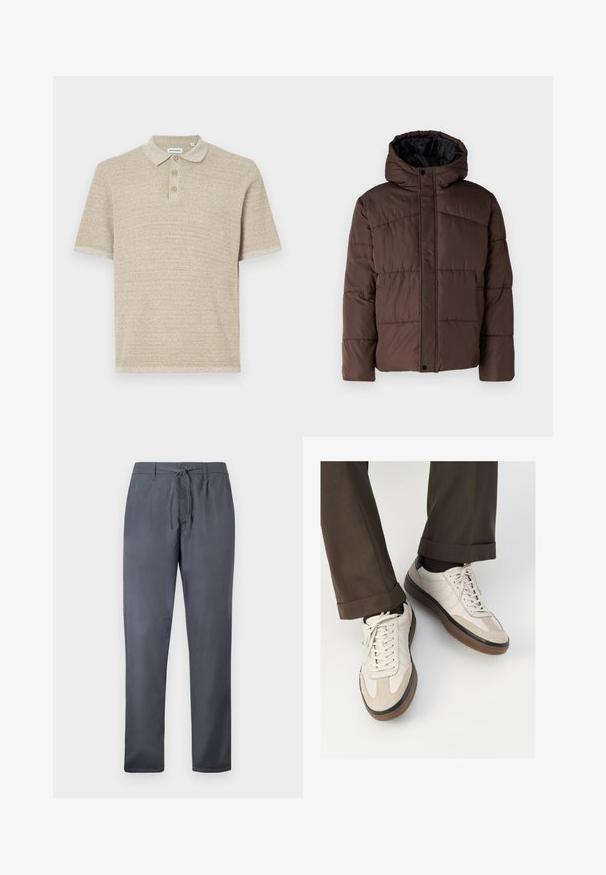 Rjava podložena jakna s kapuco, z nagubanimi teksturami, sprednjim zapiranjem na zaponko in stranskimi žepi. Oblazinjena z črno tkanino.; Bež majica polo, kratki rukavi, teksturirana pletenina, placket s tri gumba, klasičan ovratnik, suptilni uzorak, opušteni kroj.; Sive hlače iz gladkega materiala, z vrvico za zavezovanje in stranskimi žepi. Naravnost krojene z čistim zaključkom.; Bež teniske z teksturiranim prednjim delom iz usnja, gladkimi kožnimi stranicami in rjavo gumijasto podplatom. Vključene vezalke in svetla šivana detajla.