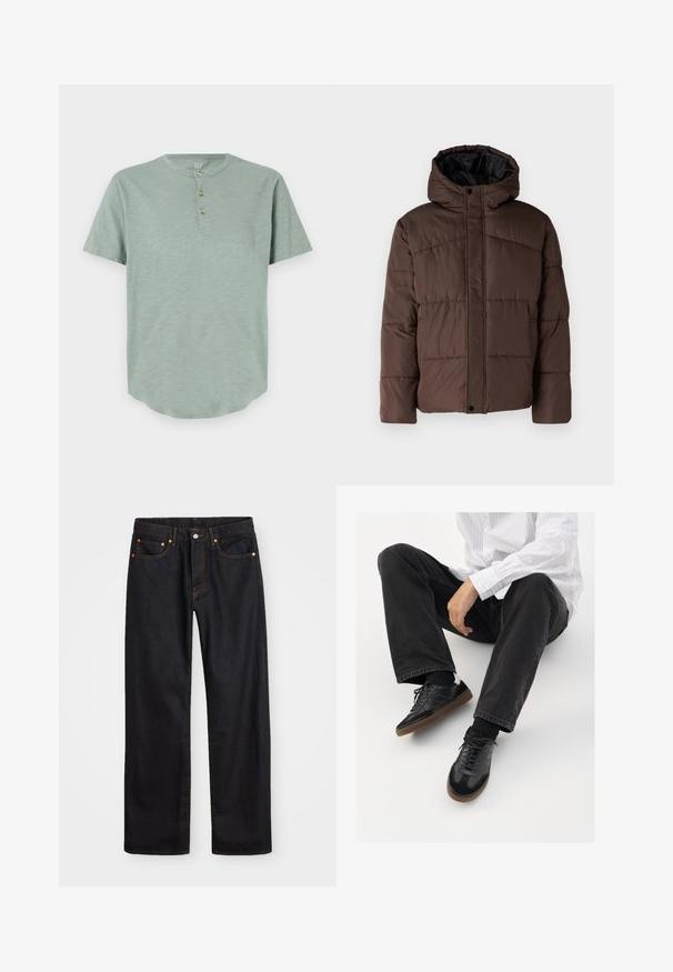 Rudas paminkštas džemperis su gobtuvu, turintis siuvinėtą tekstūrą, priekyje užsegamas mygtukais ir su šoniniais kišenėmis. Iš vidaus pamuštas juoda medžiaga.; Mėtų žalios spalvos trumpomis rankovėmis henley marškiniai, pagaminti iš minkštos medžiagos, su apvaliu iškirpimu ir trimis mygtukais, turinčiais suapvalintą apačią.; Vyrų tiesaus kirpimo juodi džinsai iš denim medžiagos, su penkiomis kišenėmis ir oranžinėmis siūlėmis, su mygtuko ir užtrauktuko uždarymu ant priekio.; Juodi sportbačiai su lygiu ir tekstūruotu paviršiumi, turi guminį padas ir tamsias raištelius. Suderinti su juodomis džinsais ir balta juostuota marškinėliais.