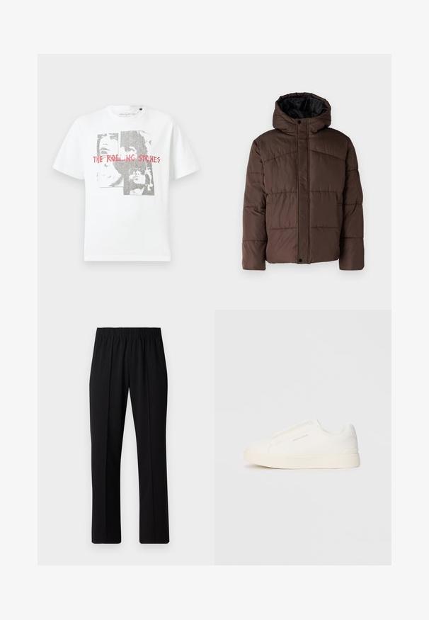 Brun polstret jakke med hette, med flettestruktur, frontlås med trykknapper og sidelommer. Fôret med svart stoff.; Hvit bomull T-skjorte med grafisk trykk av ansikter og teksten "THE ROLLING STONES" i rødt. Rund hals og korte ermer.; Svart, elastisk midjebukser med rett ben-design, med en glatt tekstur og uten synlige mønstre eller maskinvare.; Hvite slip-on joggesko med teksturert overflate, tykk såle og minimalistisk design. Har merkevarelogo på siden.