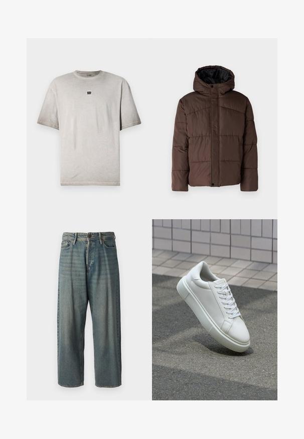 Brown padded jacket with a hood, featuring quilted texture, front snap closure, and side pockets. Lined with black fabric.; Gray cotton t-shirt with a round neck, short sleeves, and a small black logo on the chest. Smooth texture, relaxed fit, and minimal design.; Light blue denim jeans with a loose fit, mid-rise waist, and straight legs. Features five pockets, belt loops, and a button closure.; White leather sneaker with a smooth surface, round toe, and flat white laces. Features a textured rubber sole and minimal design elements.