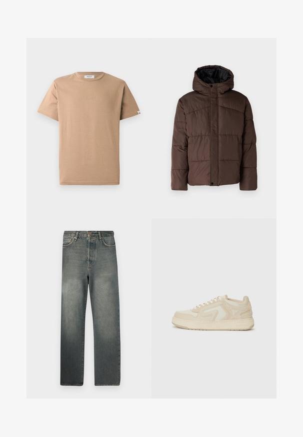 Rjava podložena jakna s kapuco, z nagubanimi teksturami, sprednjim zapiranjem na zaponko in stranskimi žepi. Oblazinjena z črno tkanino.; Bež bombažna majica s krajši rokavi in ovratnikom krožnega izreza, z diskretnim embosiranim logotipom "REPLAY" na sprednji strani. Gladka tekstura, sproščen kroj.; Jack & Jones JJIALEX JJCOOPER - Vrečaste kavbojke - black denim; Replay KAI DEMI - Športni copati - beige/white