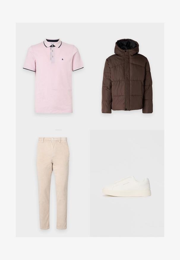 Chaqueta marrón acolchada con capucha, que presenta un textura acolchada, cierre de botones en la parte delantera y bolsillos laterales. Forrada con tela negra.; Polo de color rosa claro hecho de algodón, con una tapeta de tres botones, cuello y mangas con ribete en azul marino, y un pequeño logo bordado.; Pantalones de pana beige con diseño de pierna recta, que cuentan con cierre de botón, trabillas para cinturón y una sutil textura acanalada.; Zapatillas blancas tipo slip-on con una superficie texturizada, suela gruesa y diseño minimalista. Presenta el logo de la marca en un lado.