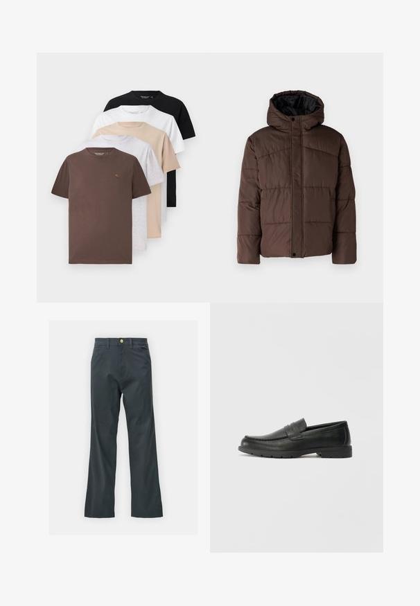 Braune gepolsterte Jacke mit Kapuze, mit gestepptem Muster, vorderem Druckknopfverschluss und seitlichen Taschen. Futter aus schwarzem Stoff.; Fünf kurzärmlige T-Shirts in Braun, Grau, Beige, Weiß und Schwarz, mit Rundhalsausschnitt und weichem, glattem Baumwollstoff.; Schwarze Hose mit geradem Bein, aus einem Baumwollmix. Verfügt über einen Metallknopfverschluss und seitliche Taschen. Keine sichtbaren Muster.; Schwarze Lederloafers mit glatter Oberfläche, Mokassin-oberteil, genähten Details und Gummisohle. Klassisches Design mit niedrigem Absatz.