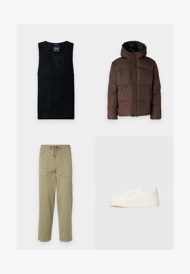 Chaqueta marrón acolchada con capucha, que presenta un textura acolchada, cierre de botones en la parte delantera y bolsillos laterales. Forrada con tela negra.; Top de tirantes negro acanalado con escote redondo y diseño corto. Fabricado en tejido ligero, con una textura sutil y sin adornos.; Pantalones verde oliva claro hechos de una mezcla de algodón, con una cinturilla elástica y cordón, y dos grandes bolsillos laterales.; Zapatillas blancas tipo slip-on con una superficie texturizada, suela gruesa y diseño minimalista. Presenta el logo de la marca en un lado.