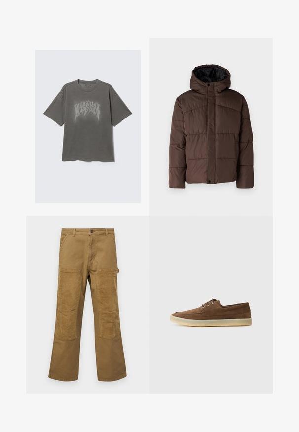 Rjava podložena jakna s kapuco, z nagubanimi teksturami, sprednjim zapiranjem na zaponko in stranskimi žepi. Oblazinjena z črno tkanino.; Siva prevelika majica iz bombaža z velikim, obrabljenim črnim grafičnim potiskom. Nežne detajle šivov na ramenih.; Cargo hlače iz rjavega bombaža z naglašenimi žepi iz ribane tkanine, ravna kroja, pet žepov in gumbnim zapiranjem.; Rjave semiš čevlje z nizkim profilom, vezavnim dizajnom, gumijastim podplatom in kontrastnim šivanjem. Preprost in funkcionalen stil.