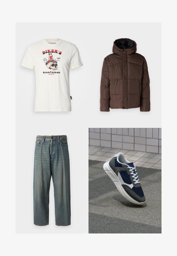 Rjava podložena jakna s kapuco, z nagubanimi teksturami, sprednjim zapiranjem na zaponko in stranskimi žepi. Oblazinjena z črno tkanino.; Kremna bombažna majica s grafičnim dizajnom, ki prikazuje skull in žensko v rdeči obleki, obdano z vrtnicami. Besedilo vključuje "Bikerjeva punča."; Svetlomoderne kavbojke z ohlapnim krojem, srednjim pasom in ravnimi nogami. Imajo pet žepov, zanke za pas in zapiranje na gumb.; Superge z zgornjim delom iz mrežaste tkanine v mornarsko modri barvi, sivi usnjeni poudarki, belo gumijasto podplato in ravnimi belimi vezalkami, zasnovane za udobje in zračnost.