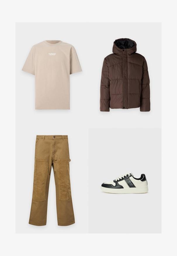 Rudas paminkštas džemperis su gobtuvu, turintis siuvinėtą tekstūrą, priekyje užsegamas mygtukais ir su šoniniais kišenėmis. Iš vidaus pamuštas juoda medžiaga.; Bežinis medvilninis marškinėliai su trumpomis rankovėmis ir apvaliu iškirpimu. Krūtinėje yra baltas "Hollister Original Designs" logotipas.; Ruda medvilninė cargo kelnė su kontrastingais banguotais audinio pleistrais, tiesaus kirpimo, penkiomis kišenėmis ir mygtuko uždarymu.; Odiniai sportbačiai juodos ir kreminės spalvų schemoje, su perforuotais akcentais, paminkštinta apykakle ir tekstūruotu padu.