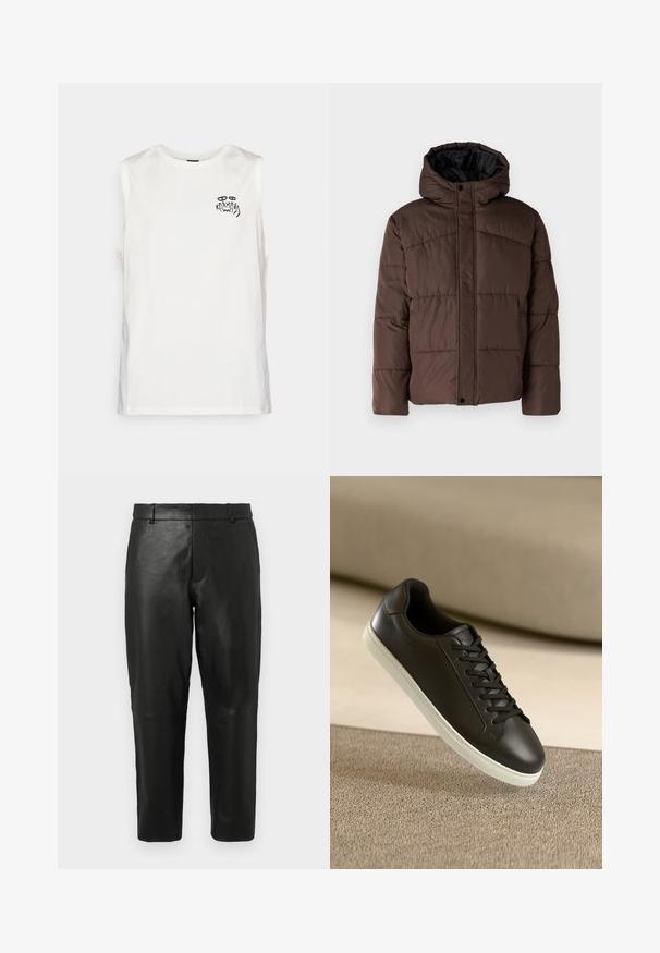 Brown padded jacket with a hood, featuring quilted texture, front snap closure, and side pockets. Lined with black fabric.; Sleeveless white cotton shirt with round neckline and small black graphic text "Karma" with eyes and hand design on the left chest.; Black leather straight-leg trousers with belt loops and side pockets, displayed against a plain light background.; Black leather sneaker with white rubber sole and black laces, positioned against a beige fabric surface and background.