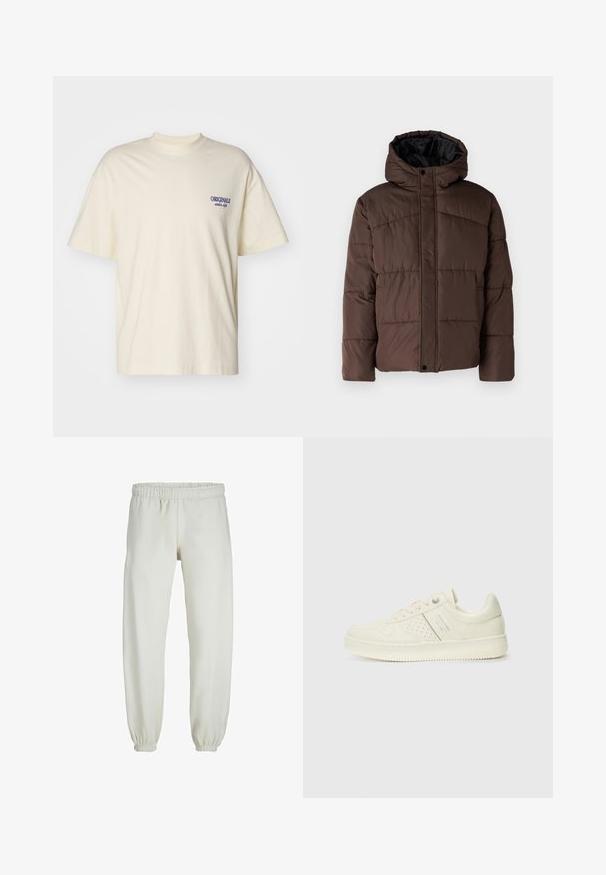 Brun polstret jakke med hætte, der har en quiltet tekstur, frontlukkede tryknapper og sidelommer. Foret med sort stof.; Kortærmet t-shirt i cremekolor lavet af bomuld. Har et lille blåt "ORIGINALS" logo på venstre bryst. Klassisk pasform og rund halsudskæring.; Hvide sweatpants lavet af blødt stof, med elastisk talje og håndled, der har en glat tekstur og løs pasform.; Cremefarvet sneaker med perforeret detaljering, snørebånd og logo på siden, præsenteret mod en simpel hvid baggrund.