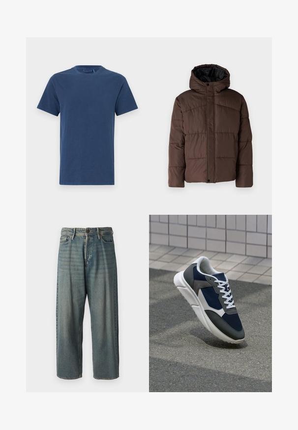 Giacca imbottita marrone con cappuccio, caratterizzata da una texture trapuntata, chiusura frontale con bottoni a pressione e tasche laterali. Foderata in tessuto nero.; T-shirt in cotone blu navy con collo rotondo, maniche corte e taglio dritto. Texture liscia, senza motivi o decorazioni visibili.; Jeans di denim azzurro chiaro con vestibilità ampia, vita media e gambe dritte. Presenta cinque tasche, passanti per cintura e chiusura con bottone.; Sneaker con tomaia in rete blu navy, inserti in suede grigio, suola in gomma bianca e lacci bianchi piatti, progettata per comfort e traspirabilità.