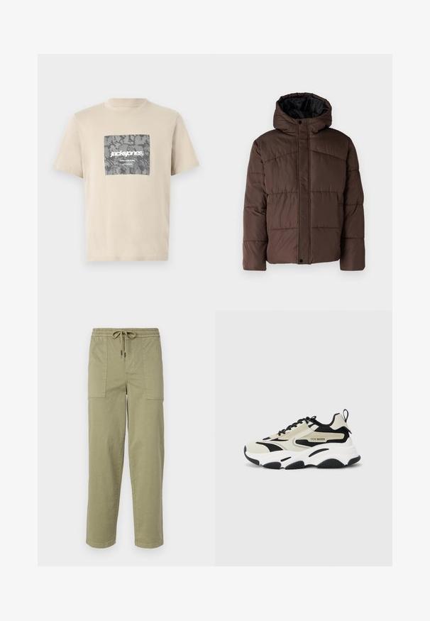 Brun polstret jakke med hette, med flettestruktur, frontlås med trykknapper og sidelommer. Fôret med svart stoff.; Beige bomulls t-skjorte med et grått camouflage firkantet grafisk design med teksten "jack&jones" og "CORE NINE ZERO". Rund hals og korte ermer.; Lys olivengrønne bukser laget av bomullsblandingsstoff, med elastisk midje og snor, samt to store sidelommer.; Chunky sneakers med en beige og sort mesh-overdel, hvid mellemsål, sort gummiydersål og logo-detaljering på siden.