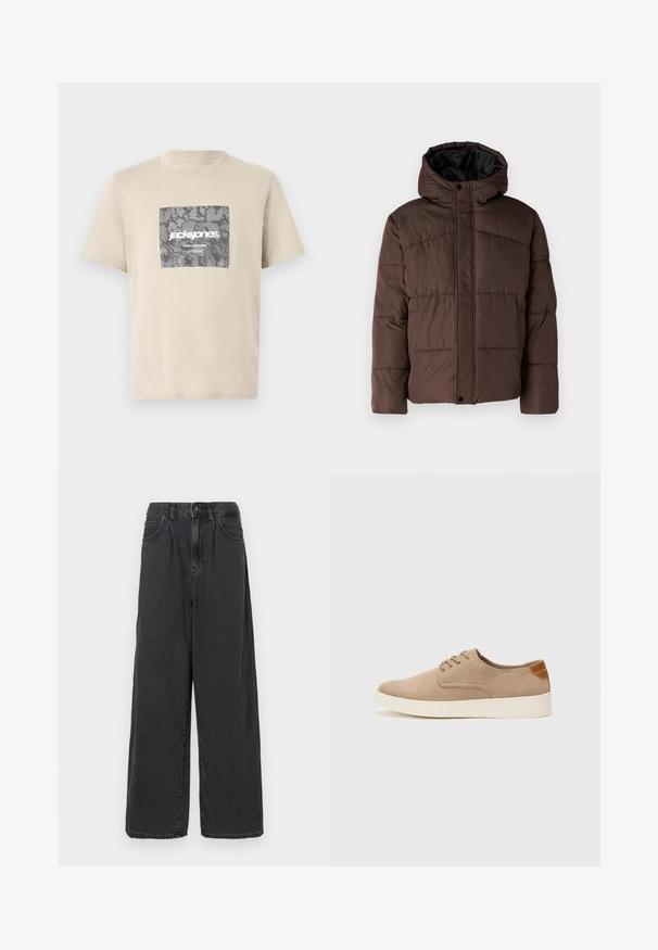 Smešasti smeđi kaput s kapuljačom, sa prošivenom teksturom, prednjim kopčanjem na dugmad i bočnim džepovima. Podstavljen crnom tkaninom.; Bež majica od pamuka s grafikom u sivoj kamuflaži u obliku kvadrata na kojoj se nalazi tekst "jack&jones" i "CORE NINE ZERO". Okrugli izrez i kratki rukavi.; Crne traperice širokih nogavica visoko strukirane s prednjim gumbom i zatvaračem, koje imaju bočne džepove i glatku teksturu.; Bež nubuk tenisice s okruglim vrhom, vezanjem sprijeda i teksturiranim stražnjim naglaskom. Bijela gumena potpetica pruža kontrast. Jednostavan i moderan dizajn.