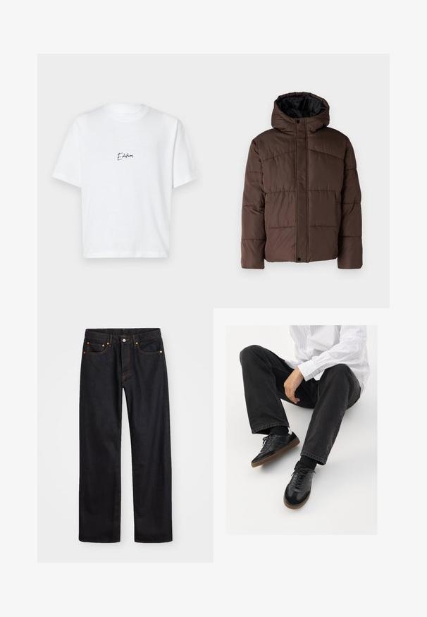 Giacca imbottita marrone con cappuccio, caratterizzata da una texture trapuntata, chiusura frontale con bottoni a pressione e tasche laterali. Foderata in tessuto nero.; T-shirt bianco in cotone con maniche corte, girocollo classico e testo in nero scritto "Edition" sulla parte sinistra del petto.; Jeans neri in denim dritto da uomo con cinque tasche e cuciture arancioni, chiusura con bottone e zip sulla vita anteriore.; Sneaker nere con una tomaia liscia e testurizzata, con suola in gomma e lacci scuri. Abbinati a jeans neri e una camicia bianca a righe.