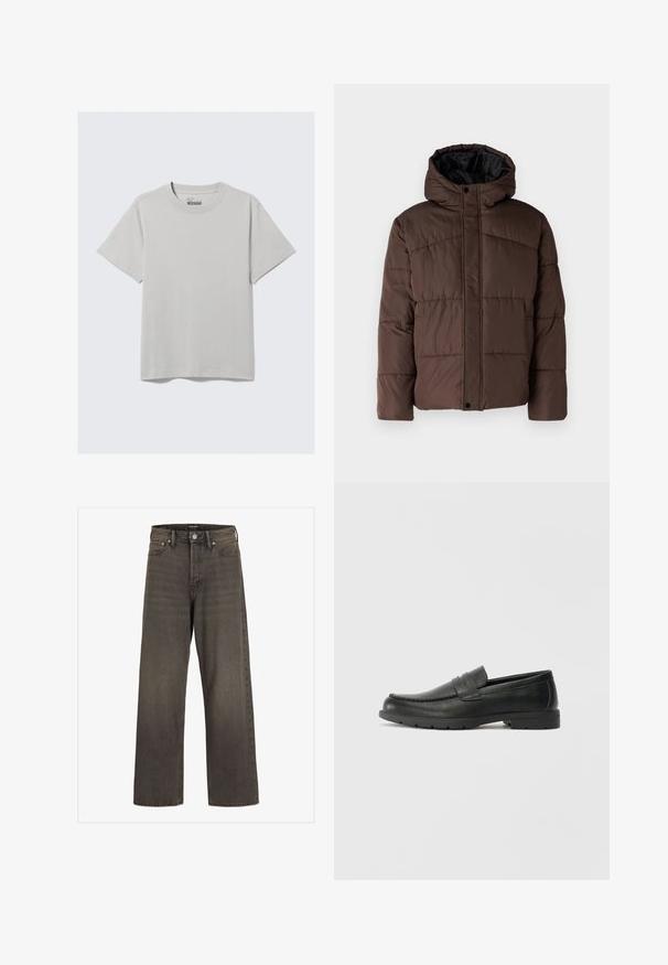 Pruun pehme vooder, millel on kapuuts, koos tikandsurvel tekstuuriga, eesnepp sulgemine ja küljetaskud. Vooder musta kangaga.; Helehallist puuvillane T-särk ümarate kaelustega ja lühikeste varrukatega, minimalistliku disaini ja lõdva istuvusega. Ilma mustrite ja aktsentideta.; Laia säärtega sinimustad teksad tumeda halli denimi, kõrge talje, klassikalise viie tasku disaini ning kontrastsete õmblustega õmblustel.; Musthave nahkkingad siledast nahast, mokassiini stiilis ülevalt, tikanditega ja kummist tallaga. Klassikaline disain madala kontsaga.