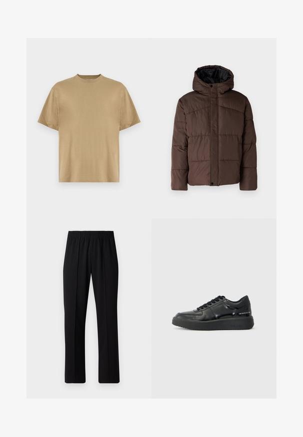 Chaqueta marrón acolchada con capucha, que presenta un textura acolchada, cierre de botones en la parte delantera y bolsillos laterales. Forrada con tela negra.; Camiseta de manga corta color caqui, confeccionada en tejido suave, con un escote redondo y un corte relajado. No se aprecian patrones ni gráficos.; Pantalones negros con cintura elástica y diseño de pierna recta, con una textura suave y sin patrones o herrajes visibles.; Zapatillas de cuero negro con un acabado suave, punta redonda y suela de goma negra de contraste. Presentan cordones planos y un logo en el lateral.