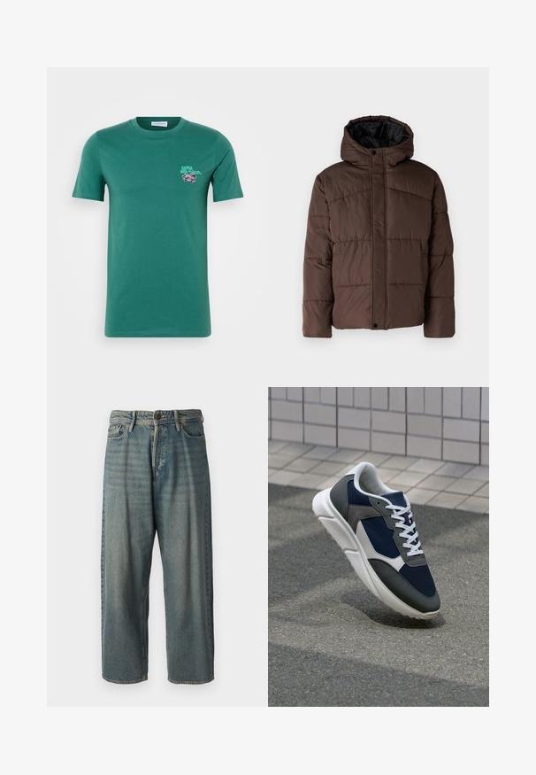 Rudas paminkštas džemperis su gobtuvu, turintis siuvinėtą tekstūrą, priekyje užsegamas mygtukais ir su šoniniais kišenėmis. Iš vidaus pamuštas juoda medžiaga.; Žalias medvilninis marškinėliai trumpomis rankovėmis, apvalia apykakle, su grafiniu spausdiniu kairėje krūtinės pusėje. Sklandus paviršius ir standartinė siluetas.; Šviesiai mėlyni džinsai su laisvu siluetu, vidutinio aukščio juosmeniu ir tiesiomis kojomis. Su penkiais kišenėmis, diržo kilpo ir mygtukų uždarymu.; Sportiniai bateliai su tamsiai mėlynu tinkliniu viršumi, pilkais zomšiniais akcentais, balta guma padanga ir plokščiomis baltomis raištelėmis, sukurti komfortui ir oro pralaidumui.