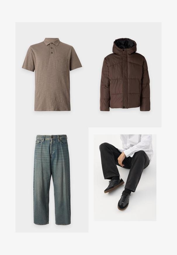 Pruun pehme vooder, millel on kapuuts, koos tikandsurvel tekstuuriga, eesnepp sulgemine ja küljetaskud. Vooder musta kangaga.; Lühikeste varrukatega polo särk heleses pruunis, valmistatud pehmest kangast. Omab kraega kaelust, kolme nupuga kinnitust ja rinnaesist taskut.; Heledad sinine denim-stiilis teksad, volüümse lõike, keskmise kõrgusega talje ja sirgete säärega. Omab viit taskut, vöökumme ja nööpide sulgemist.; Mustad spordijalatsid siledast ja tekstuurilisest ülemisest osast, millel on kummist tald ja tumedad nöörid. Kombineeritud mustade teksade ja valge triibulise särgiga.