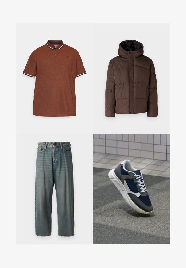 Brun polstret jakke med hætte, der har en quiltet tekstur, frontlukkede tryknapper og sidelommer. Foret med sort stof.; Brun polo T-shirt lavet af tekstureret stof, med en marineblå krave med hvid kant, tre knapper og et lille logo på brystet.; Lyseblå denim jeans med løs pasform, mellemhøj talje og lige ben. Har fem lommer, bæltestropper og en knappelukning.; Sneakers med en overdel i marineblå mesh, grå suedeteksturer, hvid gummisål og flade hvide snørebånd, designet til komfort og åndbarhed.