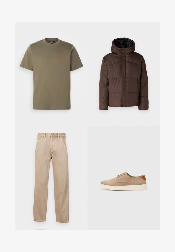 Brun polstret jakke med hette, med flettestruktur, frontlås med trykknapper og sidelommer. Fôret med svart stoff.; Oliven grønn bomulls T-skjorte med rund hals, korte ermer, og en liten rød brodert logo på venstre brystområde.; Beige denimjeans med rett ben design, med frontlommer, metallknapplukking og subtil tekstur.; Beige semskinnsko med rund tå, snøring foran og en teksturert bakre aksent. Hvit gummisåle gir kontrast. Enkelt og moderne design.