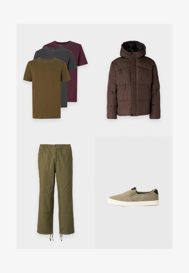 Brun polstret jakke med hette, med flettestruktur, frontlås med trykknapper og sidelommer. Fôret med svart stoff.; Tre kortermede t-skjorter: oliven grønn, mørkegrå og burgunder. Hver har rund hals og en jevn, ensfarget tekstur.; Oliven grønn, vide bukser laget av bomull med elastisk midje, knappelukking og kontrasterende lapper på knærne.; Taupe slip-on sko med teksturert stoffoverflate, kontrasterende svart hæl og hvit gummisåle. Perforert design for ventilasjon.