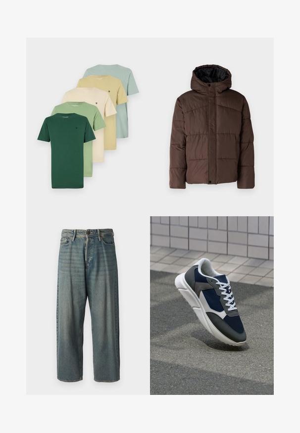 Rjava podložena jakna s kapuco, z nagubanimi teksturami, sprednjim zapiranjem na zaponko in stranskimi žepi. Oblazinjena z črno tkanino.; Pet majic T-shirtov prikazanih v prehodu od zelene do svetle bež barve. So izdelani iz bombaža, imajo okrogle izreze in kratke rokave. Vsak ima majhen logotip.; Svetlomoderne kavbojke z ohlapnim krojem, srednjim pasom in ravnimi nogami. Imajo pet žepov, zanke za pas in zapiranje na gumb.; Superge z zgornjim delom iz mrežaste tkanine v mornarsko modri barvi, sivi usnjeni poudarki, belo gumijasto podplato in ravnimi belimi vezalkami, zasnovane za udobje in zračnost.