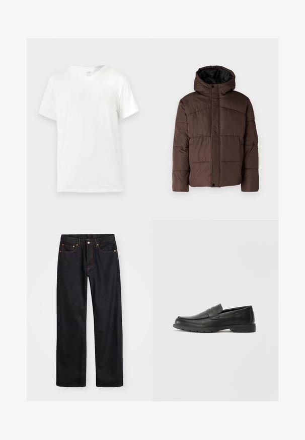 Smešasti smeđi kaput s kapuljačom, sa prošivenom teksturom, prednjim kopčanjem na dugmad i bočnim džepovima. Podstavljen crnom tkaninom.; Bijela pamučna kratkotrajna majica s kratkim rukavima i V-izrezom, s opuštenim krojem i glatkom, mekanom teksturom. Bez uzoraka ili ukrasa.; Muške traperice ravnog kroja, crne boje, s pet džepova i narančastim šavovima, sa zatvaranjem na dugme i patentni zatvarač na prednjem dijelu struka.; Crne kožne mokasine s glatkom površinom, gornji dio u stilu mokasina, ojačani šavovi i gumeni potplat. Klasičan dizajn s niskom petom.