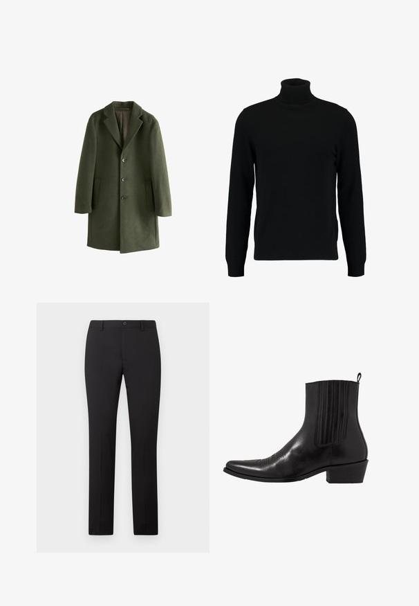 Mantila od vune u maslinasto zelenoj boji s izrezanim ovratnikom, prednjim džepovima i četiri dugmeta. Glatka tekstura i strukturirani kroj.; Crni pulover s visokim ovratnikom od mekog pletenog materijala. Ima duge rukave, rebrasti ovratnik i rub. Jednostavan, suvremen dizajn bez uzoraka.; Crne krojene hlače ravnog kroja, s kopčanjem na gumb i s petljama za remen. Izrađene od glatkog tkanog materijala bez vidljivih uzoraka.; Crne kožne gležnjače s šiljastim vrhom, elastičnim bočnim panelima, okomitim šavovima i niskom blok petom.