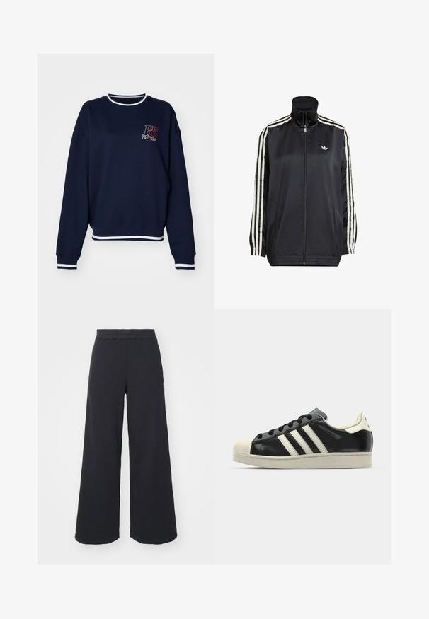 Čierna zip-up športová bunda s vysokým golierom, biele trojprúžkové akcenty na rukávoch a malé logo na ľavej hrudi. Hladká textura.; Námořnická modrá mikina vyrobená z měkké tkaniny, s kulatým výstřihem, bílým žebrovaným lemem a potištěným logem na hrudi. Dlouhé rukávy.; Čierne širšie tepláky vyrobené z mäkkej látky, s elastickým pásom a malým logom na ľavej strane.; Čierne kožené tenisky s bielymi pruhmi, gumenou špičkou, čiernymi šnúrkami a krémovobielou podrážkou. Hladký povrch s lesklým finišom.