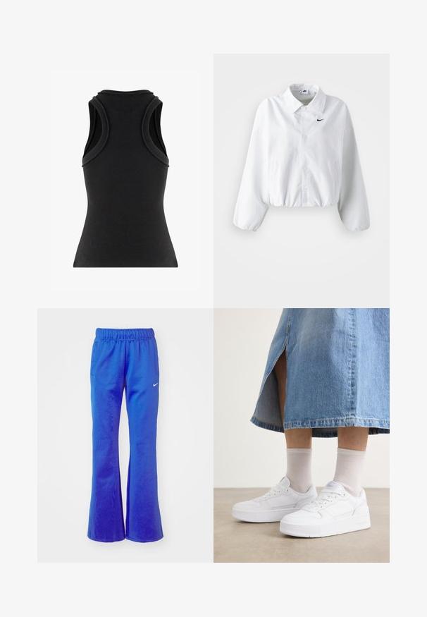 Biała krótka kurtka z kołnierzykiem, elastycznym paskiem w talii i długimi bufkami. Na lewej piersi znajduje się czarne logo Nike. Gładka faktura materiału.; Czarny prążkowany top na ramiączkach o dopasowanym kroju, z szerokimi ramiączkami i zaokrąglonym dekoltem, wykonany z elastycznego materiału.; Sportowe spodnie dzwony w jasnym niebieskim kolorze, z elastycznym pasem, dwoma bocznymi kieszeniami i małym białym logo z przodu.; Białe sneakersy z teksturowanej skóry, z platformą, okrągłym nosem i systemem sznurowania; dobrane z jasnoszarymi skarpetkami do kostek i dżinsową spódnicą.