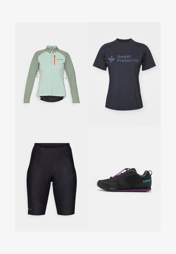 Lys grønn treningjakke med lange ermer, glidelås foran og kontrasterende mørkere ermer. Har en lomme med oransje glidelås.; Kortermet svart skjorte, laget av glatt stoff, med teksten "Sweet Protection" i en kontrasterende mørk blå farge på forsiden.; Sorte sykkelshorts laget av elastisk materiale, med polstret innlegg, elastisk midje og glatte sømmer for en strømlinjeformet passform.; Giro TRACKER FASTLACE - Sykkelsko - black/throwback purple