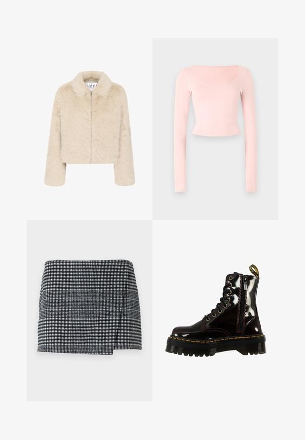 Saint Tropez ZASELINE - Winterjas - creme; Roze lange mouw cropped top met een vierkante halslijn, gemaakt van zachte stof, met een aansluitend ontwerp en een gladde textuur.; Wollen mini-jurk met een zwart-wit houndstooth patroon, rechte snit met een lichte asymmetrische zoom en textuurstof.; Zwarte patenten leren enkelboot met een chunky zool, gele stiksels, zijrits en ronde neus. Bevat zes oogjes voor veters.