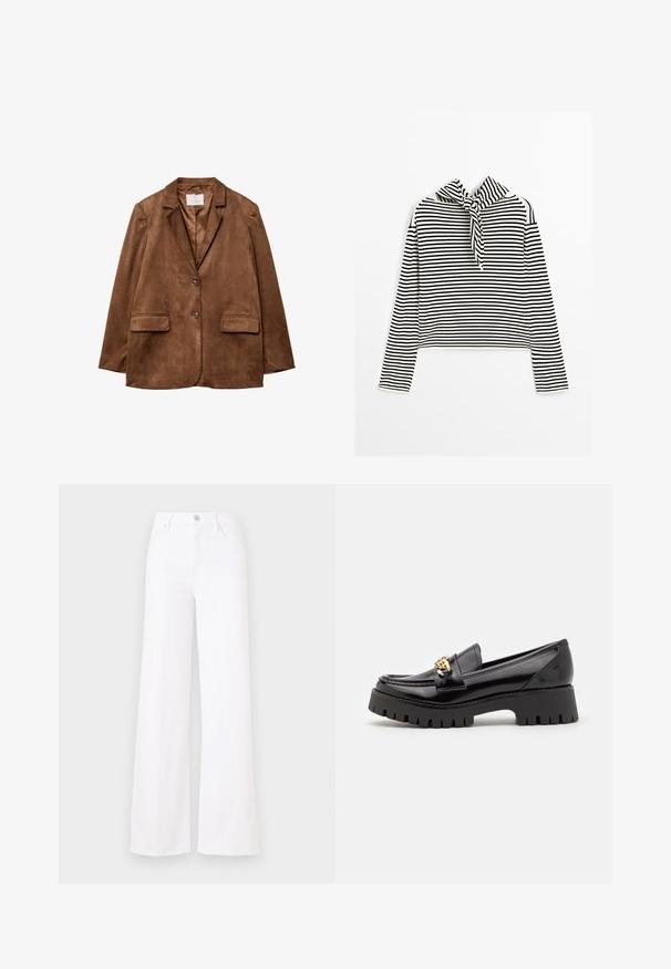 Brown suede blazer with a notched collar, two front pockets, and a double button closure. Smooth texture and tailored fit.; Massimo Dutti STRIPED WITH REMOVABLE BANDANA - Jumper - beige; White wide-leg jeans made of denim, featuring a high waist, front button closure, and four pockets. Smooth texture with no visible patterns.; Black patent leather loafers with a thick, serrated black sole and a gold hardware accent on the front. Smooth texture, classic design.