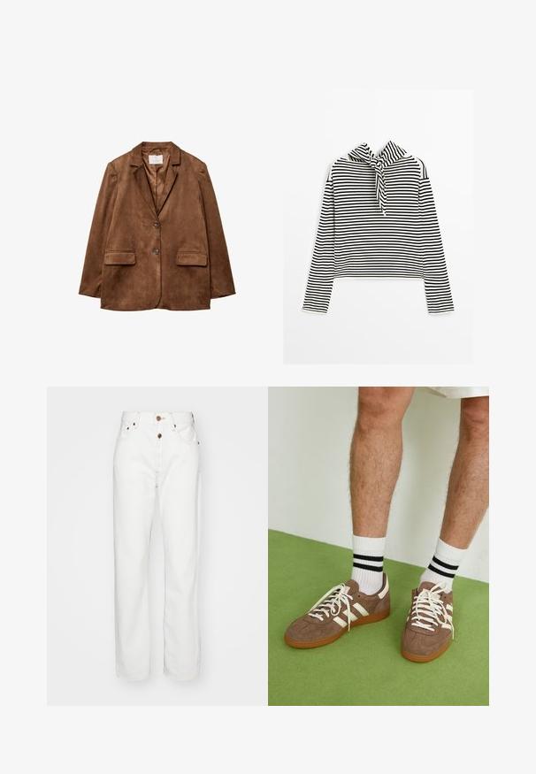 Blazer in suede marrone con colletto a punte, due tasche frontali e chiusura a doppio bottone. Tessuto morbido e vestibilità su misura.; Massimo Dutti STRIPED WITH REMOVABLE BANDANA - Maglione - beige; Jeans in denim bianco con design a gamba dritta; presenta una chiusura con bottone e zip, cuciture color cammello e tasche anteriori.; Sneaker in suede marrone con dettagli e lacci bianchi. Suola in gomma color gomma. Indossati con calzini bianchi con righe nere. Pavimento verde texturizzato.