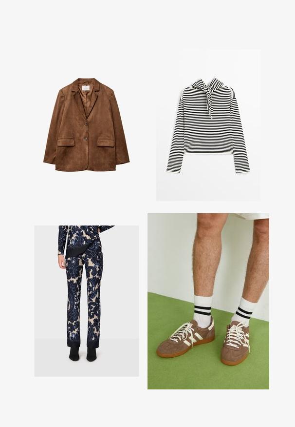 Brun mockaskinnsblazer med en vilket krage, två framfickor och dubbelknäppning. Slät textur och skräddarsydd passform.; Massimo Dutti STRIPED WITH REMOVABLE BANDANA - Stickad tröja - beige; Byxor med blommönster i marinblått och beige. Mjuk tyg med en figurnära design, med en svart mudd vid fållen. Bärs med svarta ankelstövlar.; Bruna mockaskor med vita detaljer och snören. Gummisula i beige. Bärs med vita strumpor med svarta ränder. Grön strukturerad golvyta.