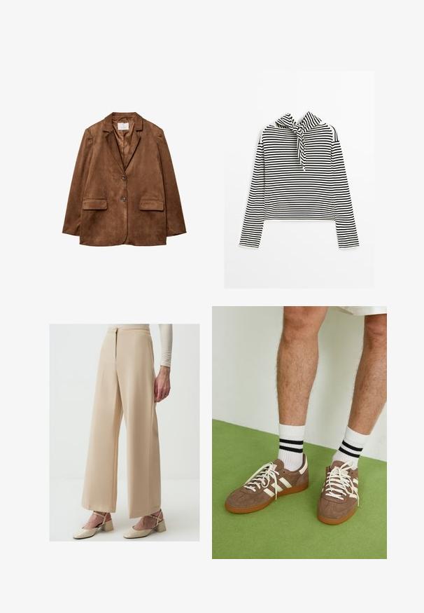 Brown suede blazer with a notched collar, two front pockets, and a double button closure. Smooth texture and tailored fit.; Massimo Dutti STRIPED WITH REMOVABLE BANDANA - Jumper - beige; Beige wide-leg trousers made of smooth fabric, featuring a high waist, pleats, and a clean finish. Paired with beige heeled shoes.; Brown suede sneakers with white accents and laces. Rubber gum sole. Worn with white socks featuring black stripes. Green textured flooring.