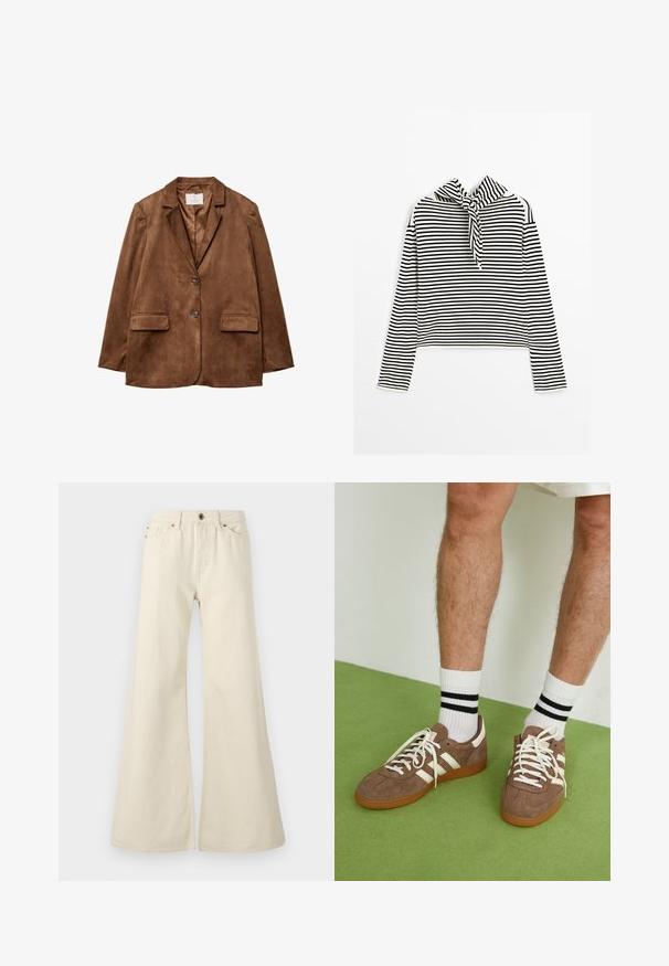 Brun mockaskinnsblazer med en vilket krage, två framfickor och dubbelknäppning. Slät textur och skräddarsydd passform.; Massimo Dutti STRIPED WITH REMOVABLE BANDANA - Stickad tröja - beige; Ljusbeiga utsvängda jeans i bomull. Har hög midja, fem fickor och en knappstängning med kontrasterande sömmar.; Bruna mockaskor med vita detaljer och snören. Gummisula i beige. Bärs med vita strumpor med svarta ränder. Grön strukturerad golvyta.