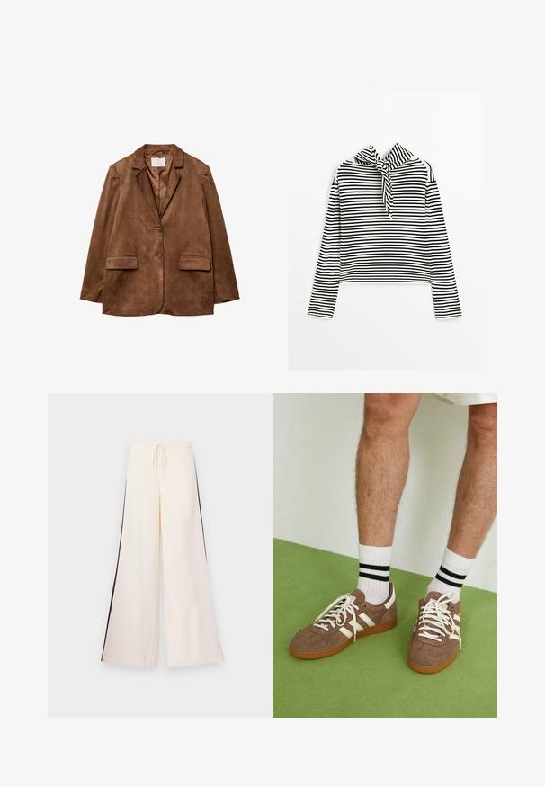 Blazer en daim marron avec un col cranté, deux poches avant et une fermeture à double bouton. Texture lisse et coupe ajustée.; Massimo Dutti STRIPED WITH REMOVABLE BANDANA - Pullover - beige; Pantalons larges créme en tissu lisse, avec une taille à cordon et des rayures contrastantes foncées sur les côtés. Conception à l'avant plat, sans poches.; Baskets en daim marron avec des accents et des lacets blancs. Semelle en caoutchouc gomme. Portées avec des chaussettes blanches à rayures noires. Sol texturé vert.