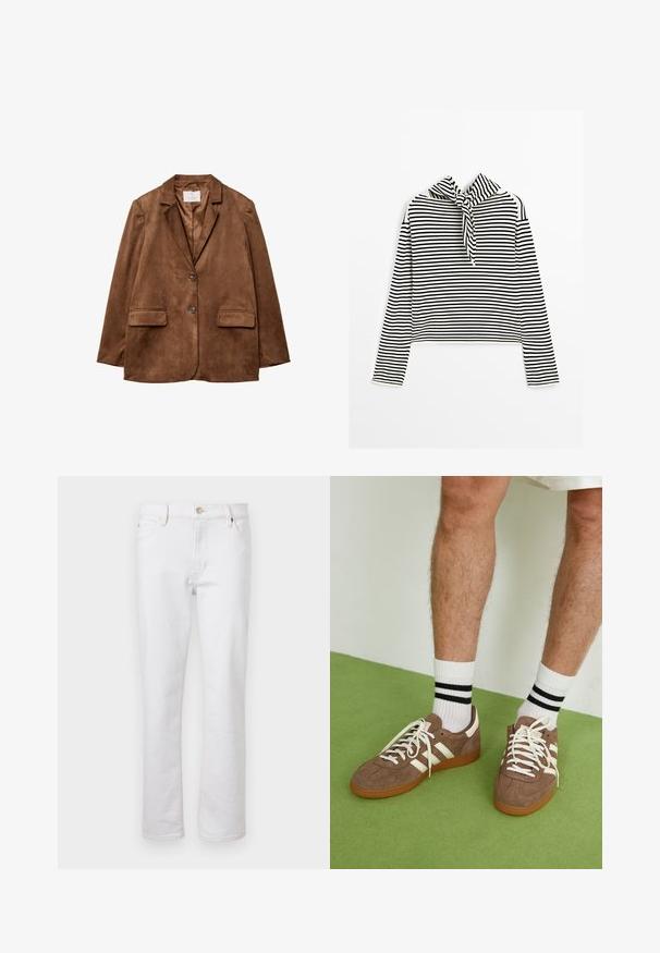 Brun ruskindsblazer med klapkrave, to frontlommer og dobbeltknaplukning. Glat tekstur og skræddersyet pasform.; Massimo Dutti STRIPED WITH REMOVABLE BANDANA - Striktrøje - beige; Hvide denim jeans med lige ben, fem-lomme design, lys syning og sølvknaplukning. Glat tekstur og minimal detaljer.; Brune ruskind sneakers med hvide detaljer og snørebånd. Gummisål i naturgummi. Båret med hvide sokker med sorte striber. Grøn struktureret gulv.