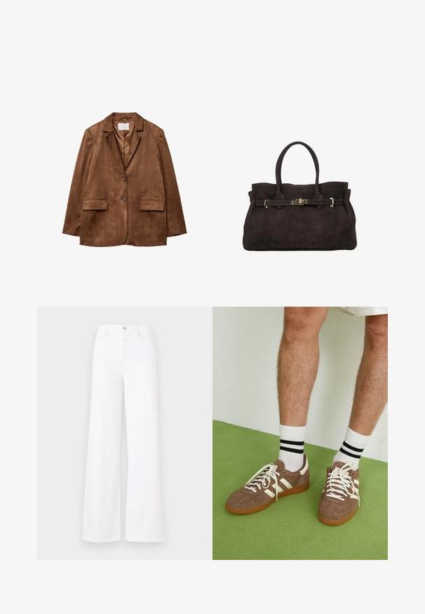 Brauner Wildlederblazer mit Reverskragen, zwei Fronttaschen und doppelter Knopfleiste. Glatte Textur und taillierte Passform.; Massimo Dutti STRIPED WITH REMOVABLE BANDANA - Strickpullover - beige; Weißes, weit geschnittenes Jeansmodell aus Denim, mit hoher Taille, vorderem Knopfverschluss und vier Taschen. Glatte Textur ohne sichtbare Muster.; Braune Wildleder-Sneaker mit weißen Akzenten und Schnürsenkeln. Gummisohle in Kautschuk-Optik. Getragen mit weißen Socken, die schwarze Streifen haben. Grüner strukturierter Fußboden.; ESTRO DUŻA - Handtasche - dark brown