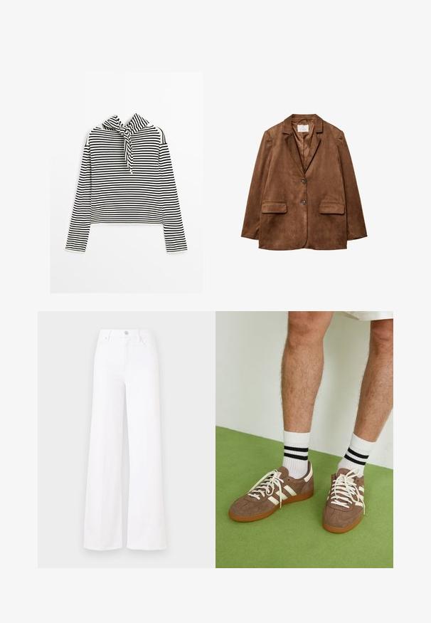 Bruine suède blazer met een notch-kraag, twee voorzakken en een dubbele knopenluiting. Gladde textuur en op maat gemaakte pasvorm.; Massimo Dutti STRIPED WITH REMOVABLE BANDANA - Trui - beige; Witte wijde jeans van denim met een hoge taille, sluiting met een knoop aan de voorkant en vier zakken. Glad oppervlak zonder zichtbare patronen.; Bruine suède sneakers met witte accenten en veters. Rubberen gumzool. Draag met witte sokken met zwarte strepen. Groene gestructureerde vloer.