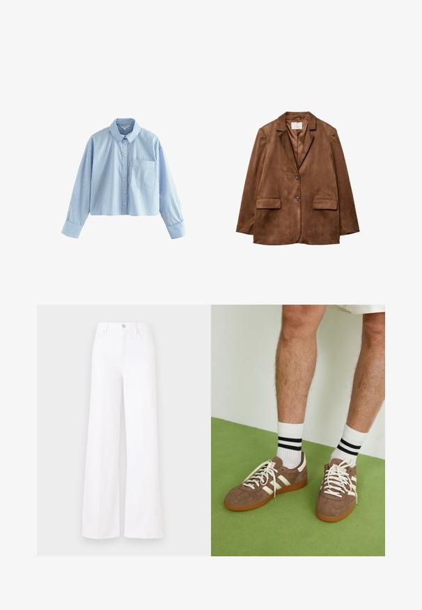 Hnedý semišový blejzer s vydraným golierom, dvoma prednými vreckami a dvojitým zapínaním na gombíky. Hladká textúra a priliehavý strih.; Skraťaná košela s dlhými rukávmi, vyrobená z látky s modro-bielymi pruhmi. Obsahuje golier a náprsné vrecko na ľavej strane.; Biele džínsové nohavice so širokými nohami, s vysokým pásom, predným zapínaním na gombík a štyrmi vreckami. Hladká textura bez viditeľných vzorov.; Hnedé zamatové tenisky s bielymi akcentmi a šnúrkami. Gumová podrážka. Nosené s bielymi ponožkami so čiernymi pruhmi. Zelená textúrovaná podlaha.
