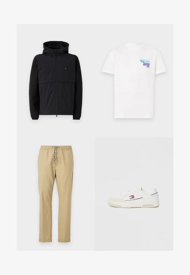 Giacca nera con zip frontale, cappuccio e materiali a contrasto con un pannello frontale testurizzato. Logo piccolo e distintivo sul petto.; T-shirt bianco in cotone con un logo grafico multicolore sul lato sinistro del petto, scollatura rotonda e maniche corte.; Pantaloni beige con cintura elastica, cordino regolabile, gambe dritte e una texture di tessuto leggero.; Sneaker bianche con tomaia in pelle liscia e punta in suede, caratterizzate da un piccolo logo rosso, bianco e blu sul lato e suola testurizzata.