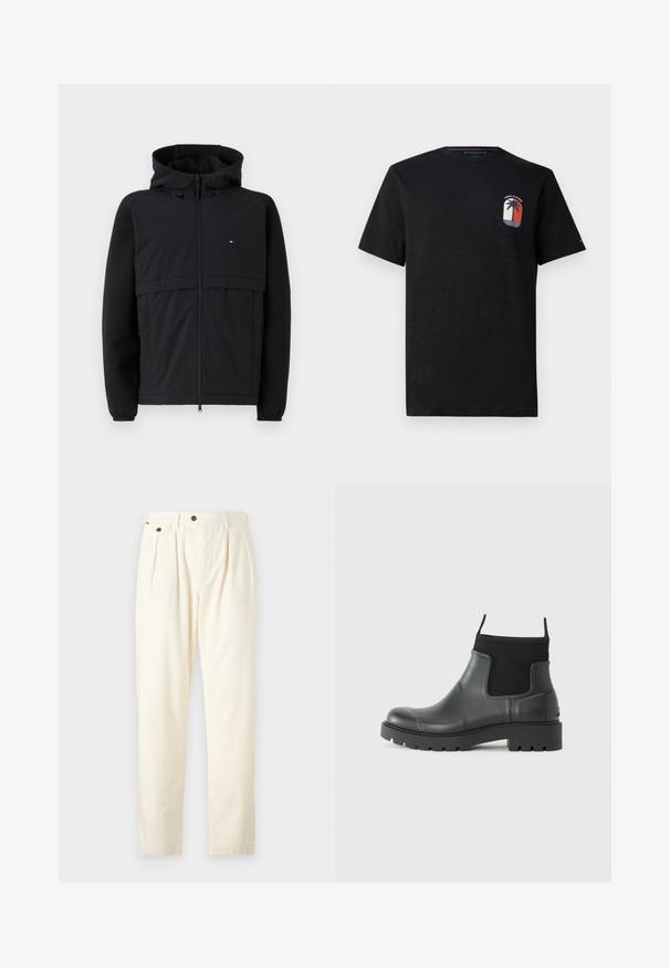 Jachetă neagră cu fermoar frontal, glugă și materiale contrastante, având un panou frontal texturat. Logo mic remarcabil pe piept.; Tricou din bumbac negru cu guler rotund și mâneci scurte. Prezintă un logo cu palmier în roșu, alb și albastru pe piept.; Pantaloni plisati bej din bumbac, cu un tiv cu bucle pentru curea, două buzunare frontale și accente din buton maro.; Bocanci negri din cauciuc, cu finisaj mat, având un design elegant, panouri elastice și o talpă groasă pentru aderență.
