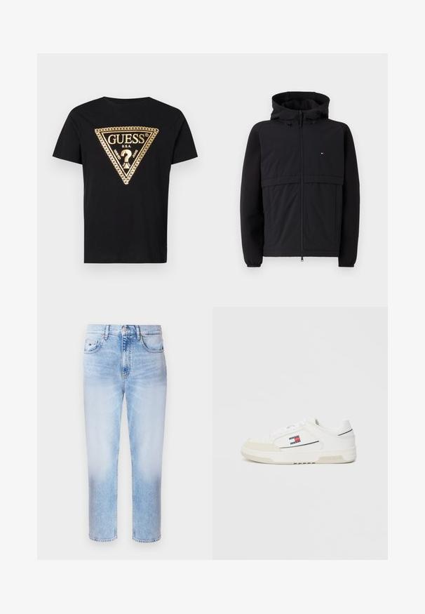 Černá bunda se zipem vpředu, kapucí a kontrastními materiály s texturovaným čelním panelem. Výrazné malé logo na hrudi.; Guess CHAIN - Triko s potiskem - jet black; Světle modré džíny z denimu s rovnými nohavicemi, pětipquidovými kapsami a zapínáním na knoflík. Měkká textura je viditelná po celé látce.; Bílé tenisky s hladkým koženým svrškem a semišovým špičkou, s malým červeným, bílým a modrým logem na boku a texturovanou podrážkou.