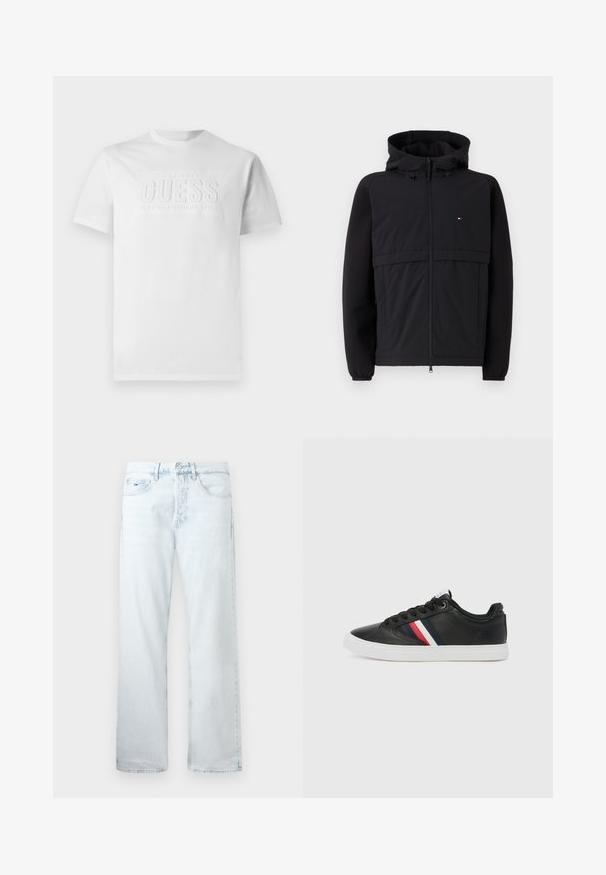 Crna jakna s patentnim zatvaračem sprijeda, kapuljačom i kontrastnim materijalima s teksturiranim prednjim panelom. Istaknut mali logo na grudima.; Bijela pamučna majica s okruglim izrezom, s teksturiranim logotipom u središtu koji glasi "GUESS EST. 1981 KLASIČNI AMERIČKI STIL."; Svijetloplave traperice s ravnim nogavicama, pet džepova i običnim strukom. Tkanina je meka na dodir s laganim isticanjem boje.; Tommy Hilfiger ICON COURT STRIPES - Tenisice - black