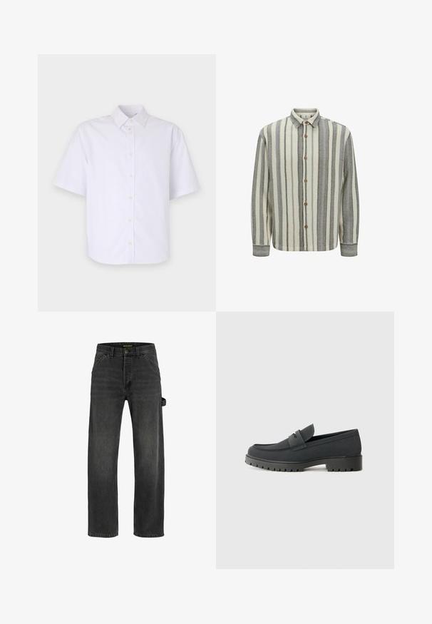 Pikakarvaga, millel on halli ja kreemi vahelduv triibuline muster, nööpidega eesmine osa ja tekstuurne kangas, millel on kalasaba mustriline kujundus.; Lühikeste varrukatega, nööpidega särk puhtas valges puuvillas. Omab klassikalist kraed, sirget allääret ja peeneid nuppe ees.; Tumedate hallid denim teksad sirge lõikega, viie taskuga, metallnööp sulgemisega ja külje rihma detailiga.; Mustad musta kinga sileda, mati viimistlusega, ümarate varvastega ja paksu, tekstuuriga tallaga. Esiosa rihmaga aktsent.